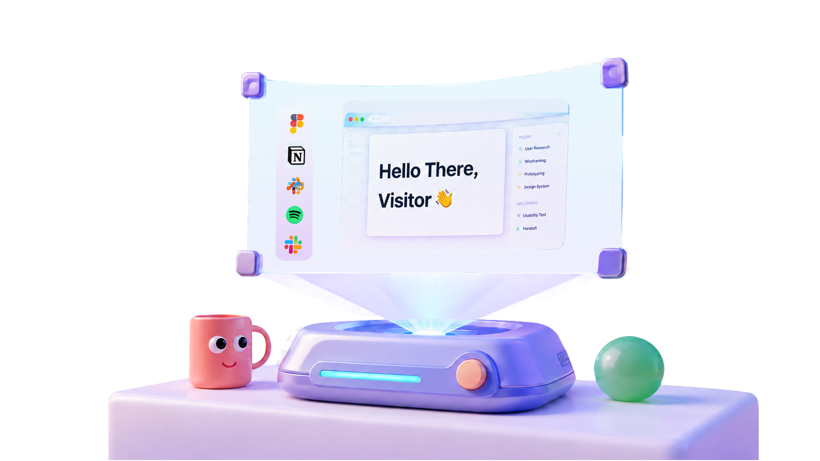 A holographic desk projector showing a design workspace